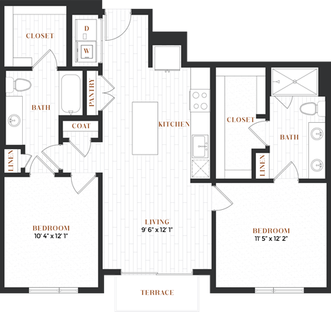 Floor plan for 2 beds, 2 baths, 1032 sqft